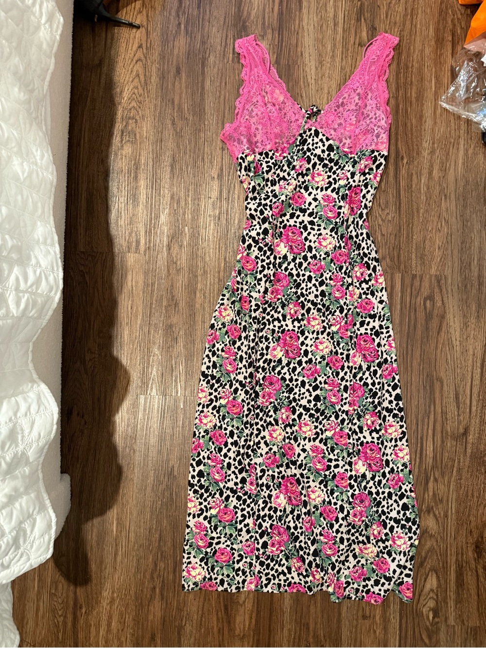 Pink Lace Trim Floral & Leopard Print Slip Dress